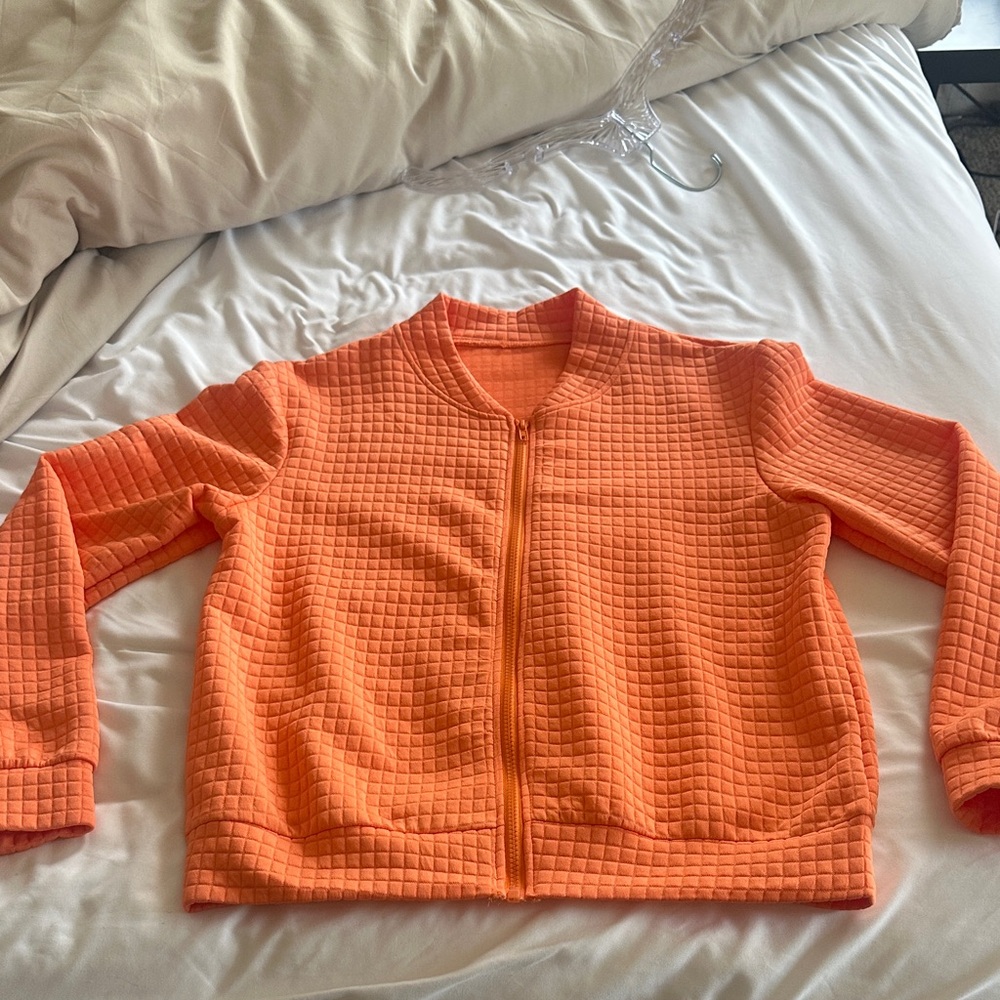 Textured Orange Zip-Front Bomber Jacket